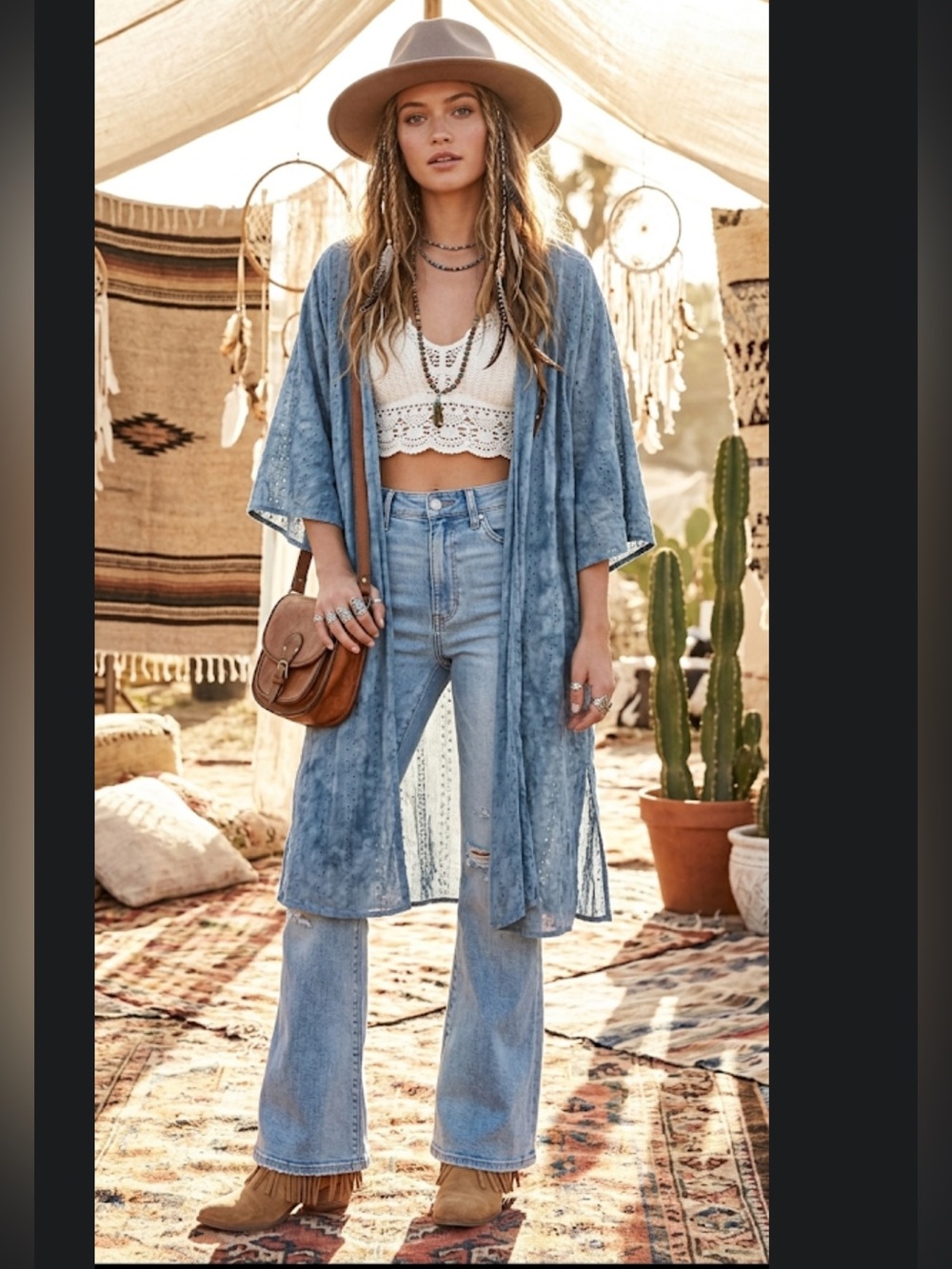 American Eagle Blue Metallic Thread Kimono Duster XS Boho Festival Cardigan 💙